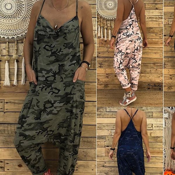 

camo printed clubwear playsuit womens rompers bodysuit party camouflage strap pocket harem long trousers loose overalls, Black;white