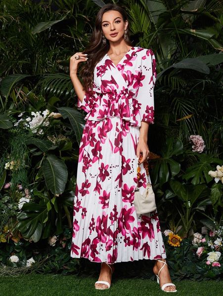 

floral print surplice front peplum blouse & pleated skirt x3ck#, White