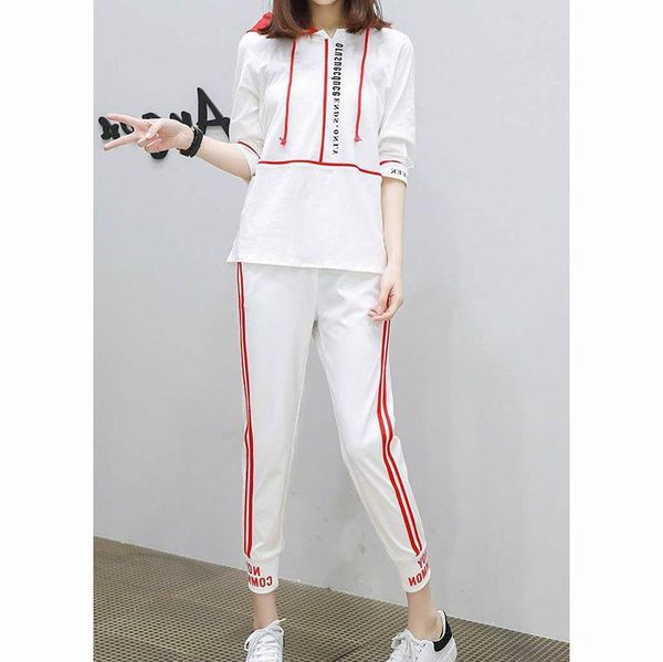 

2pcs/set women summer sets sports suit middle sleeve hoodies + matching trousers female clothes women's tracksuits, Gray