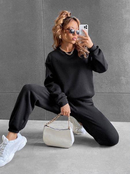 

solid drop shoulder sweatshirt & sweatpants c1ne#, White