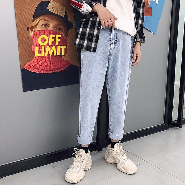 

spring and summer 2021 fashion casual teenagers straight jeans korean trendy pants men's loose wide leg harem, Blue