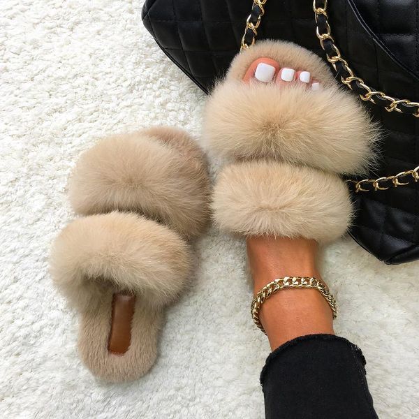 

slippers furry slides for women faux fur fluffy flip flops plush house non-slip flat sandals female home shoes, Black