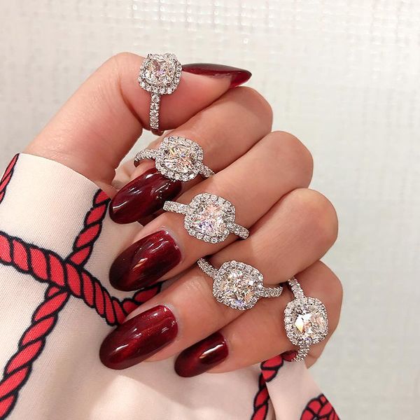 

wedding rings princess square zircon pure 925 sterling silver finger ring crystal stone love forever women engagement jewelry, Slivery;golden