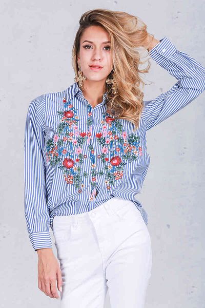 

fashion embroidery female blouse casual blue striped shirt men blusas, White
