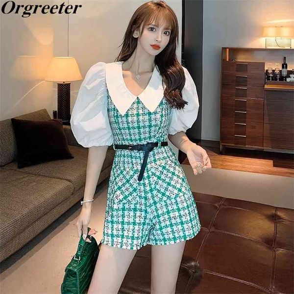 

women's rompers summer spliced tweed playsuits retro girls puff sleeve back zipper short jumpsuits ropa de mujer with belt 210602, Black;white