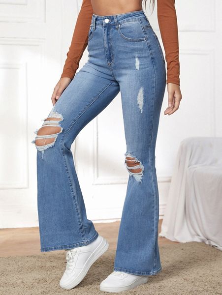 

high waist ripped flared leg jeans x9q6#, Blue