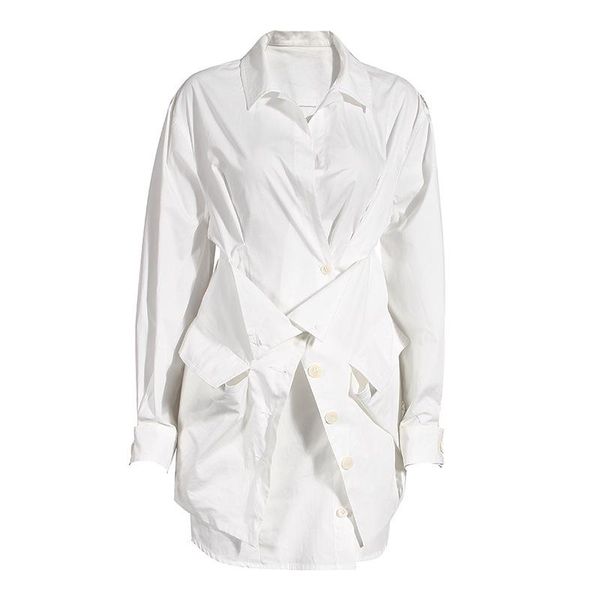 

women's blouses & shirts seebeautiful lapel long sleeve single breasted waist patchwork loose shirt blouse woman summer 2021 fashion ti, White