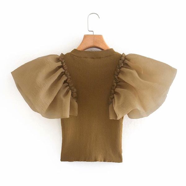 

women's t-shirt 2021 women fashion clothing retro stitching organza lotus leaf sleeve knitted slim crop woman tshirts, White