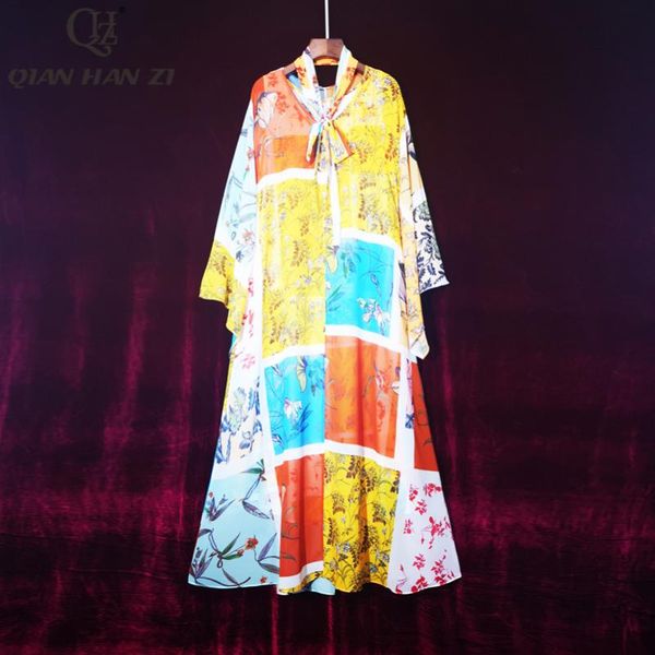 

casual dresses qian han zi designer fashion summer runway maxi dress women's long sleeve flower print loose vacation beach, Black;gray