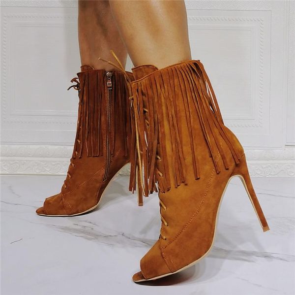 

boots peep toe stiletto heel suede upper summer short booties fashionable tassel zipper brown ankle for ladies plus size 14, Black