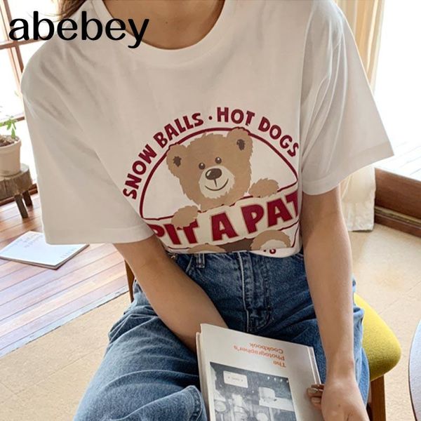 

summer casual all-match o-neck short sleeve t-shirt hit color letter bear print loose 2021 women's, White