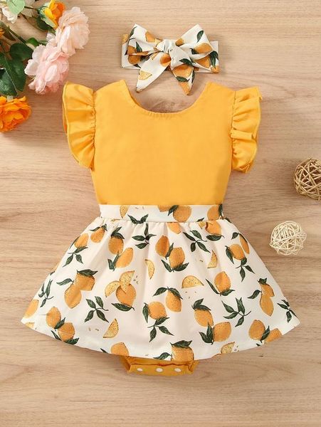 

baby fruit print ruffle trim bodysuit dress with headband she, Red;yellow