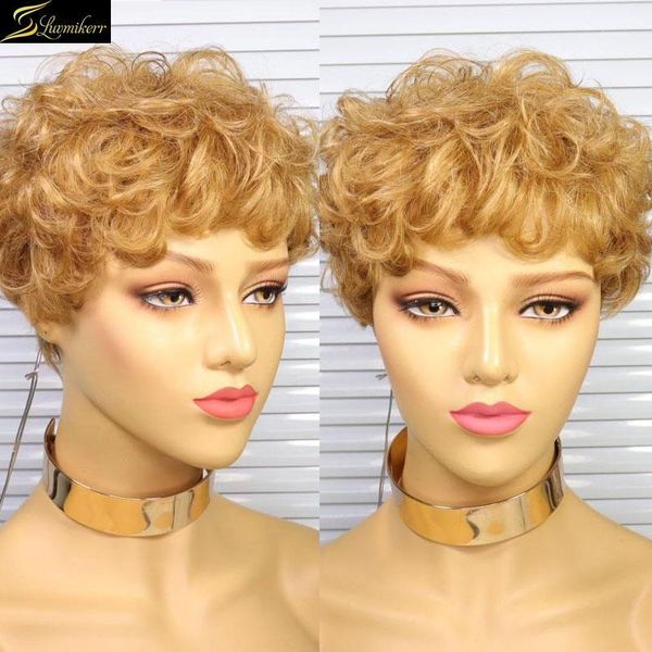 

pixie cut water wave colored honey blonde wig human hair 27 short curly bob full machine made lace wigs for black women 150 remy1, Black;brown