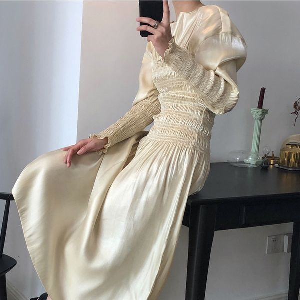 

casual dresses [ewq] autumn petal sleeve ladies elegant long robe elastic waist neck folds 1 qx687 n5p7, Black;gray