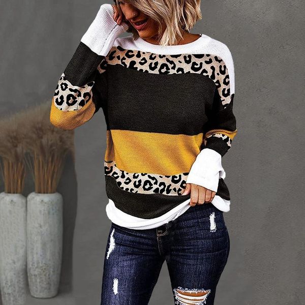 

women's sweaters sweater autumn winter o neck knitted long sleeve leopard printed color block hem pullover pullovers d109#, White;black