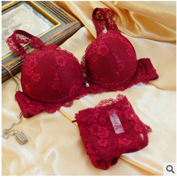 

bra set gathered lingerie girl adjustment lace suit, Red;black