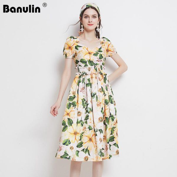 

casual dresses banulin 2021 summer runway dress vintage elegant floral printing v neck elastic waist street chic women midi n7363, Black;gray