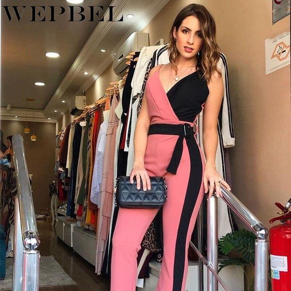 

mandylandy overalls romper womens jumpsuits with belt spring autumn casual patchwork deep v neck sleeveless sling playsuits women's & r, Black;white