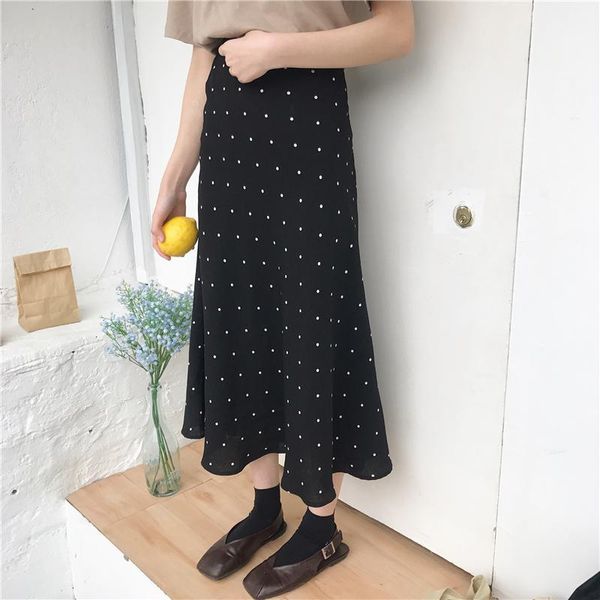 

skirts spring summer chic dot printed women fashion korean high waist zipper all fit a-line saias female elegant long skirt, Black