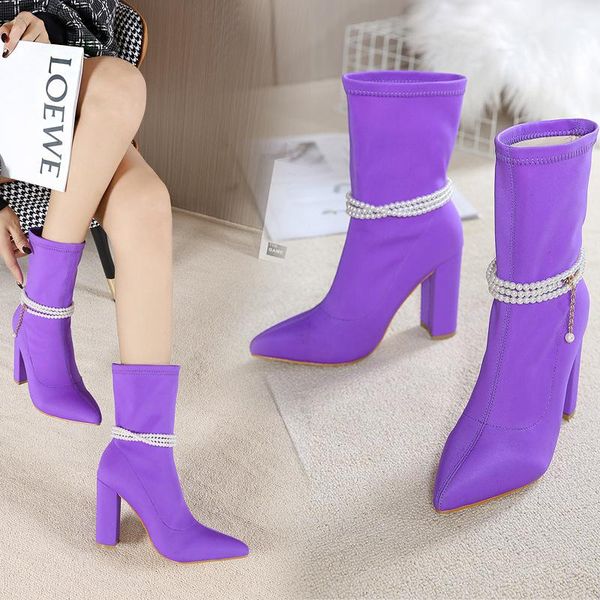 

boots 2021 fashion chain metal decorative pointed women's thick high heels ankle elastic, Black