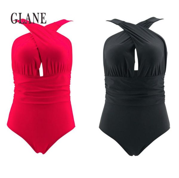 

one-piece suits 2021 black red cross halter women swimwear one piece swimsuit solid bathing beach wear swim