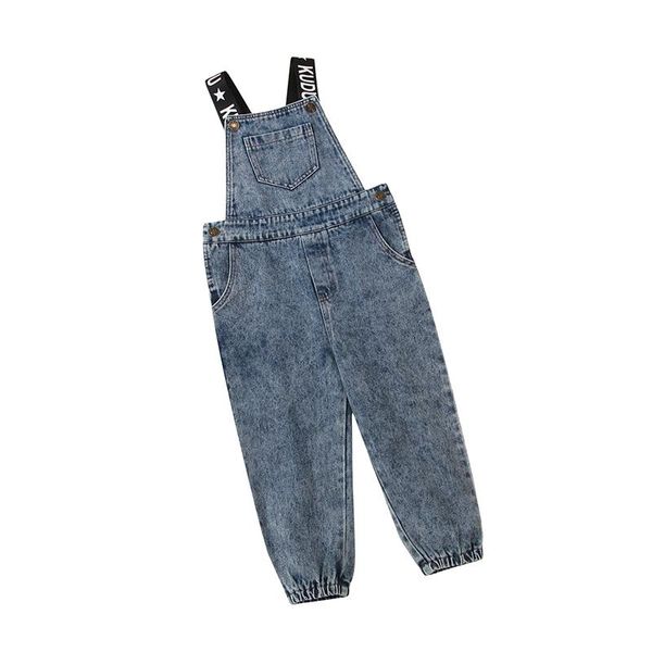 

jumpsuits street style children's spring summer boys and girls jumpsuit button pocket fashion denim pencil pants foot kids overalls 2-6, Blue
