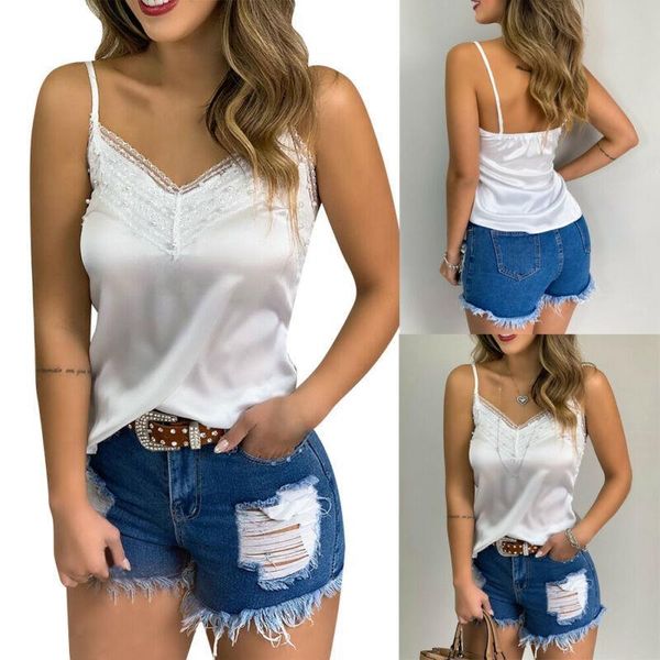

women camis v neck lace patchwork sleeveless vest tank clubwear summer ladies preals strappy cami camisole blouse, White