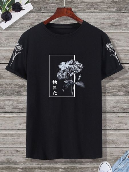 

men floral & japanese letter graphic tee u6zu#, White;black