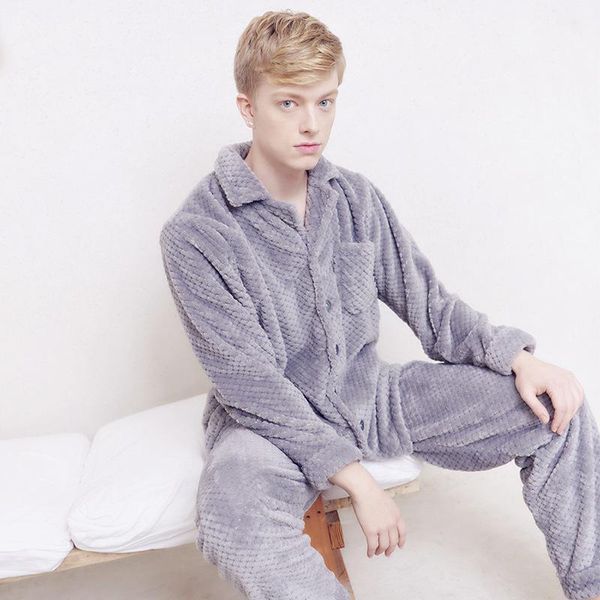 

men flannel 2pcs gray pajamas suit winter thicken warm home clothes lounge turn-down collar nightwear with pocket sleepwear men's, Black;brown
