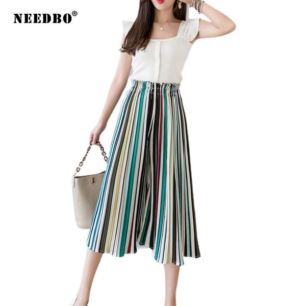 

women's pants & capris needbo women trouser plus size wide leg female high waist pleated chiffon stretch boho ol pantalon femme, Black;white