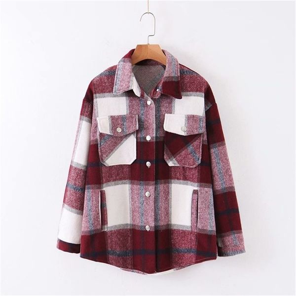 

famale clothing vintage lapel pocket oversize jacket coat fashion slim long sleeve plaid outerwear chic 210914, Black;brown