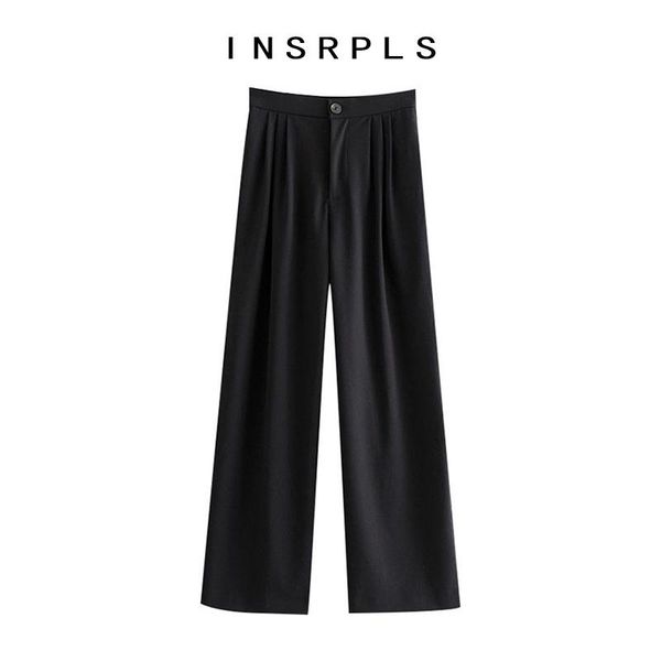 

women elegant fashion office wear pleated wide leg pants vintage high waist side pockets female trousers mujer women's & capris, Black;white