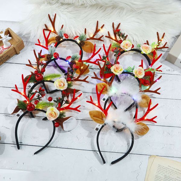 

lovely large flower feather decoration color antler headband fashion girl style led light emitting headdress, Black;brown