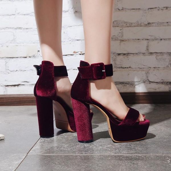 

elegant velvet women round block high heels dress party sandals ankle strap platform punk rock gothic shoes large size, Black