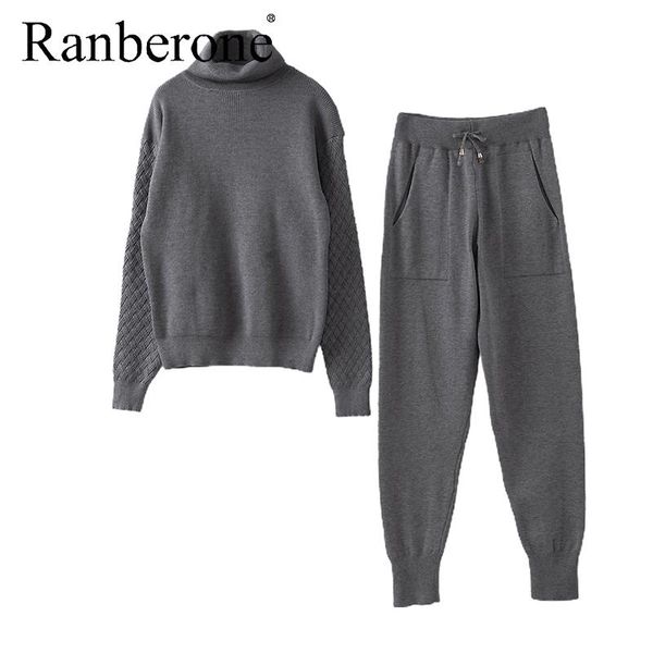 

ranberone suit women sport warm sweater + knitted trousers pants two piece set women's tracksuit solid color fitness sportswear gym clo, White;black