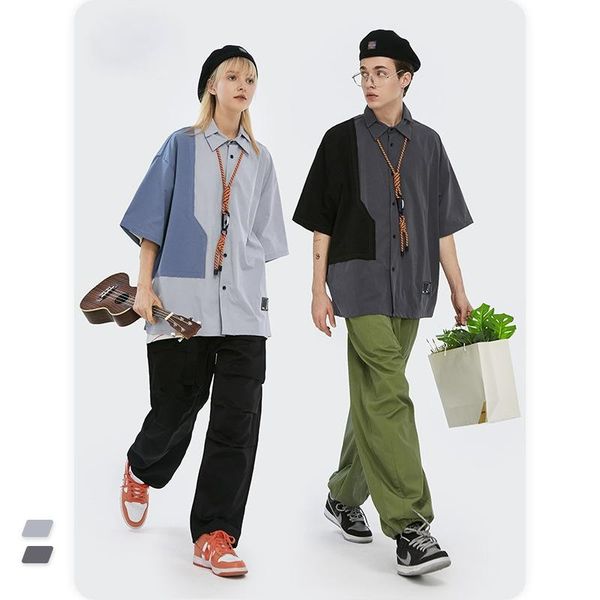 

men's casual shirts men clothing 2021 spring summer trendy personalized tailoring contrast color double-layer lapel loose versatile shi, White;black