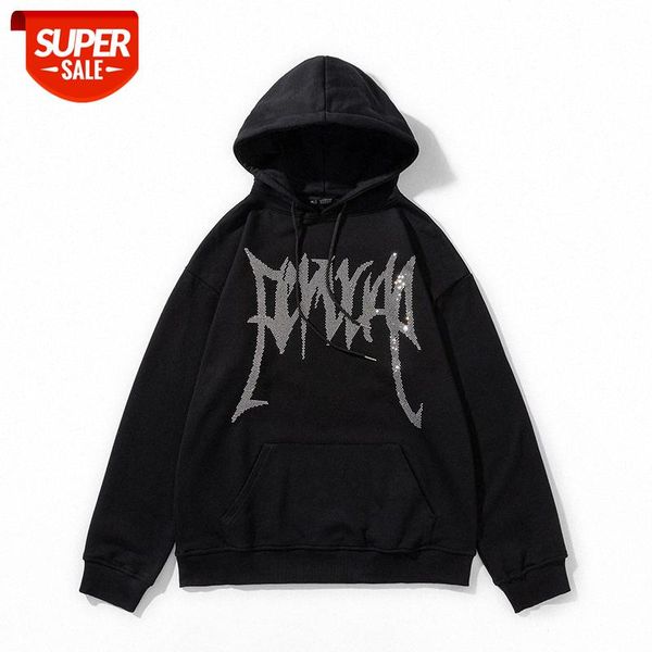 

men's sweater autumn clothes european and american gothic letters drilling hooded casual loose hoodie #zf4v, Black