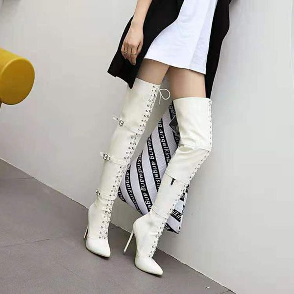 

boots over the knee buckle pointed super high heellong boot fashion women's patent leather thin heel night, Black