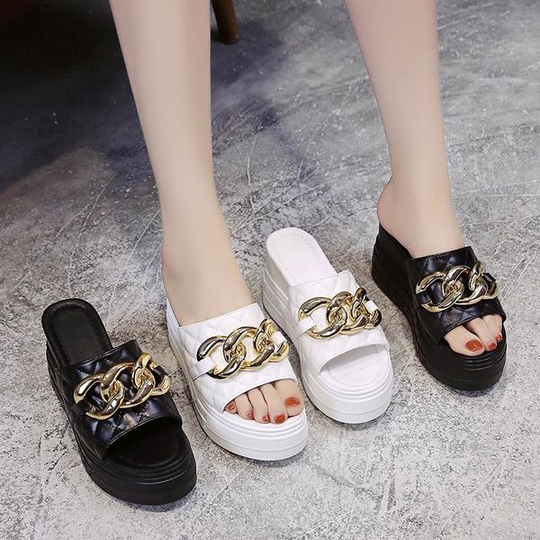 

slippers casual high-heeled shoes lady slides on a wedge slipers women platform increased internal luxury 2021 pu microfiber, Black