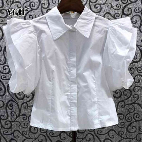 

white patchwork casual shirts for women lapel collar puff short sleeve solid blouses female summer clothing fashion 210531