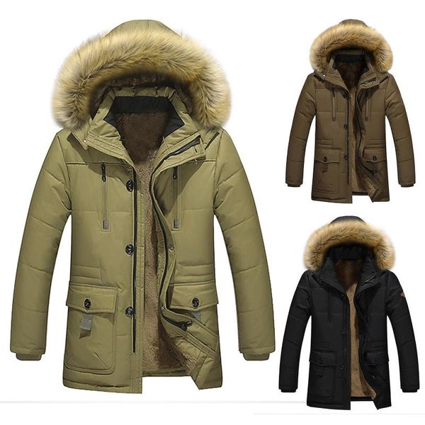 Herren-Kapuzenpullover, Sweatshirts, Winterjacke, Herren, Übergröße, Baumwolle, gepolstert, warm, Parka, Mantel, lässig, Kunstpelz, Kapuze, Fleece, lange Herren-Windjacke