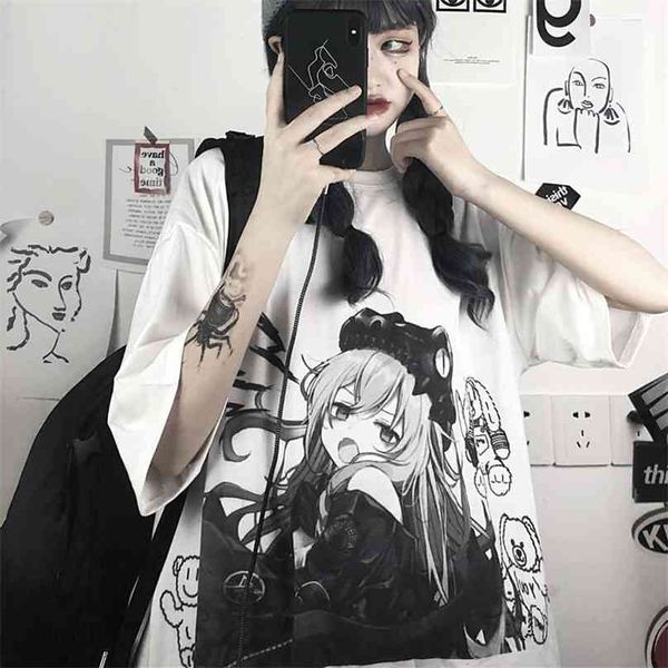 T-shirt de manga curta t-shirt japonês anime cópia fêmea coreano frouxo branco punk mulheres roupas harajuku gráfico tees kawaii tshirt 210720