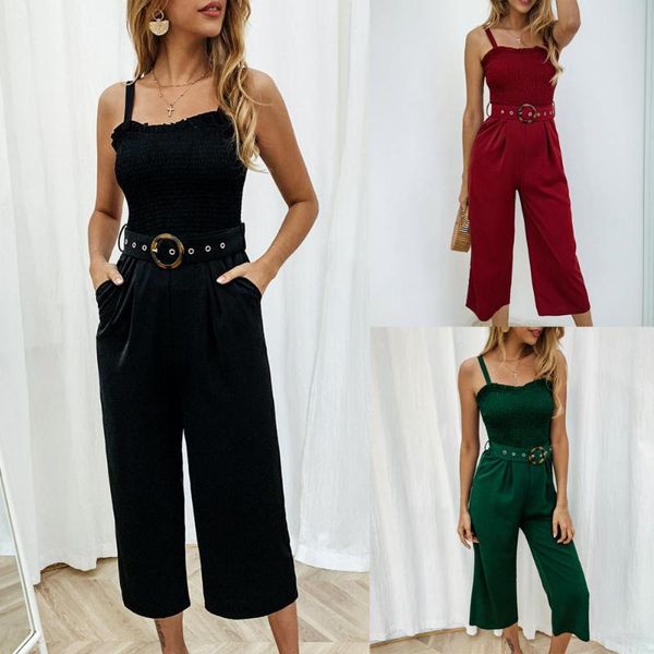 

women's jumpsuits & rompers strap backless lace-up pocket summer straight romper 2021 calf length pants red green black jumpsuit, Black;white