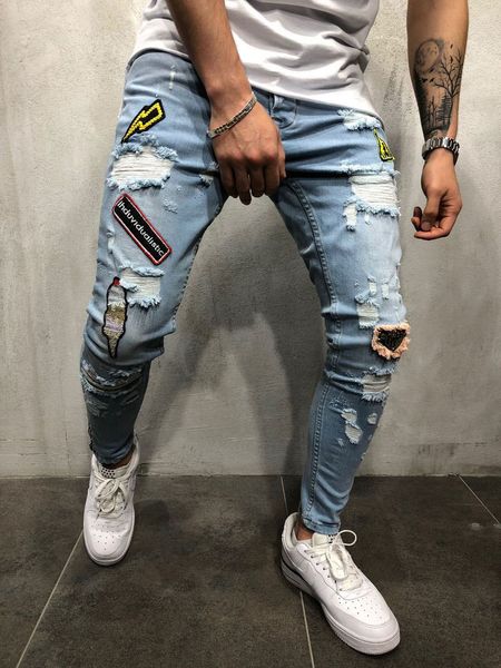 

mens casual jeans skinny slim fashional denim pants knees hole hiphop washed high quality, Blue