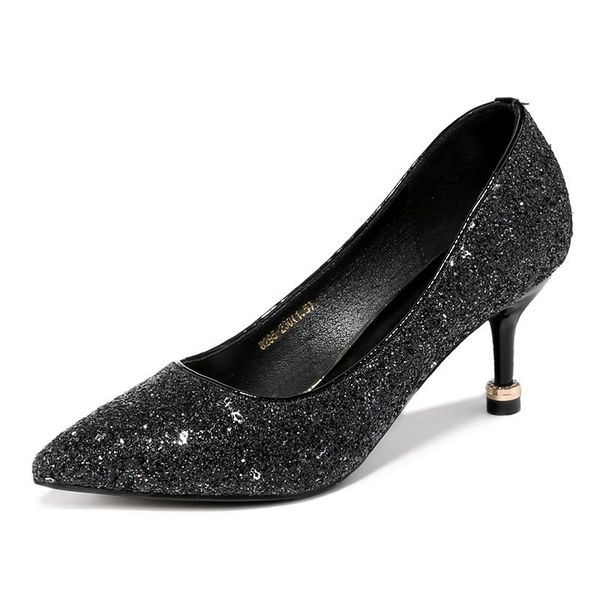 

dress shoes woman moolecole bling sweet women pumps pointed toe high heels 6.5 cm thin party/dress 2-8295, Black