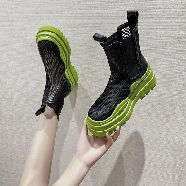

summer women ankle boots 6cm platform mesh breathable hollow ladies slip on shoes thick bottom flat footwear, Black