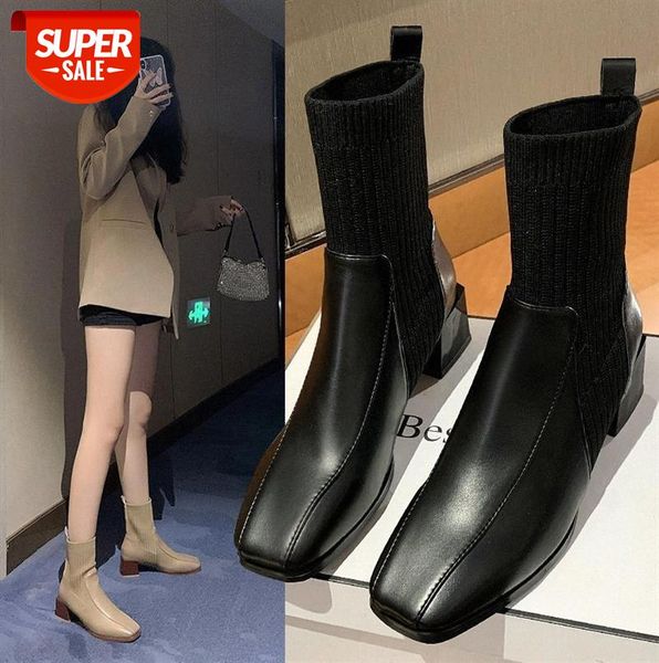 

stretch sock boots women thick heel martin shoes ins net red skinny short #tq42