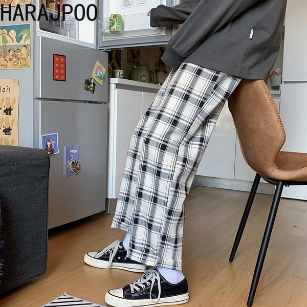 

man pants 2021 spring autumn hong kong wind ins fashion harajuku versatile loose straight male plaid trousers tide men's, Black