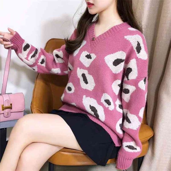 

autumn sweater loose v-neck pullover lazy style leopard print women's outer wear 210427, White;black