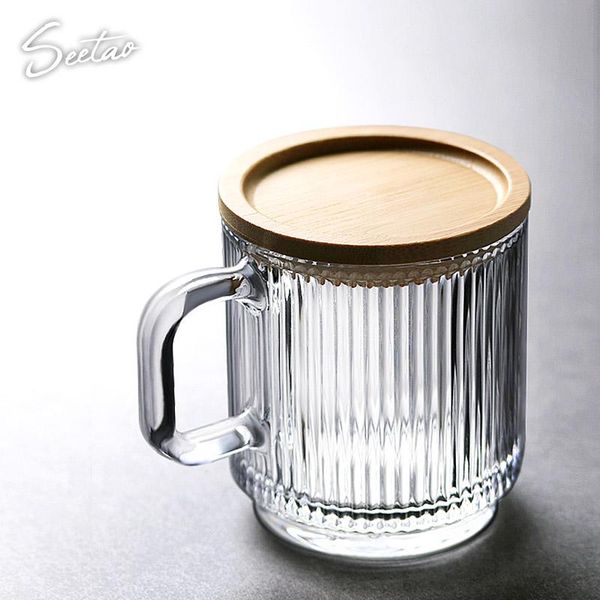 

water creative glass cup handle transparent wood lid coffee milk drinking glasses verres pour boire juice glassware ea60bl wine
